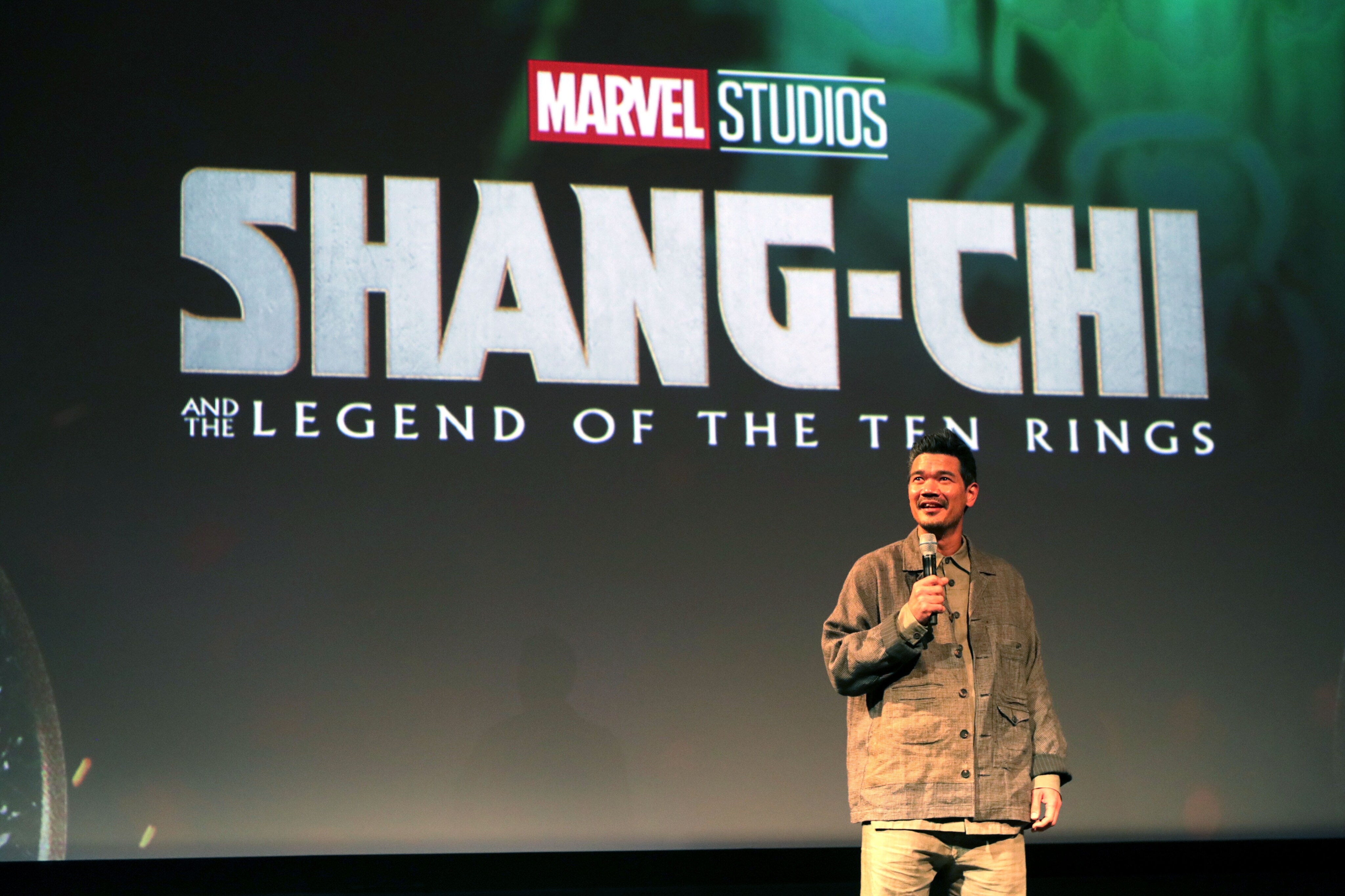 Director Destin Daniel Cretton surprises an audience at Hollywood's El Capitan Theatre at a screening of Marvel Studios' Shang-Chi and the Legend of the Ten Rings