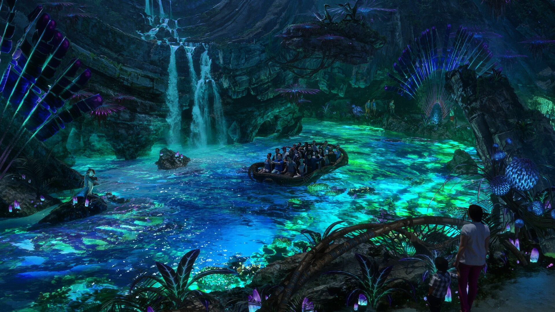 Concept art by Dylan Cole that shows a boat ride in a bioluminescent lagoon.  There are people observing the boat ride from a walkway in the foreground with a waterfall in the background.