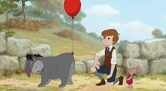 Eeyore with a balloon tied to his tail. Christopher Robin and Piglet.