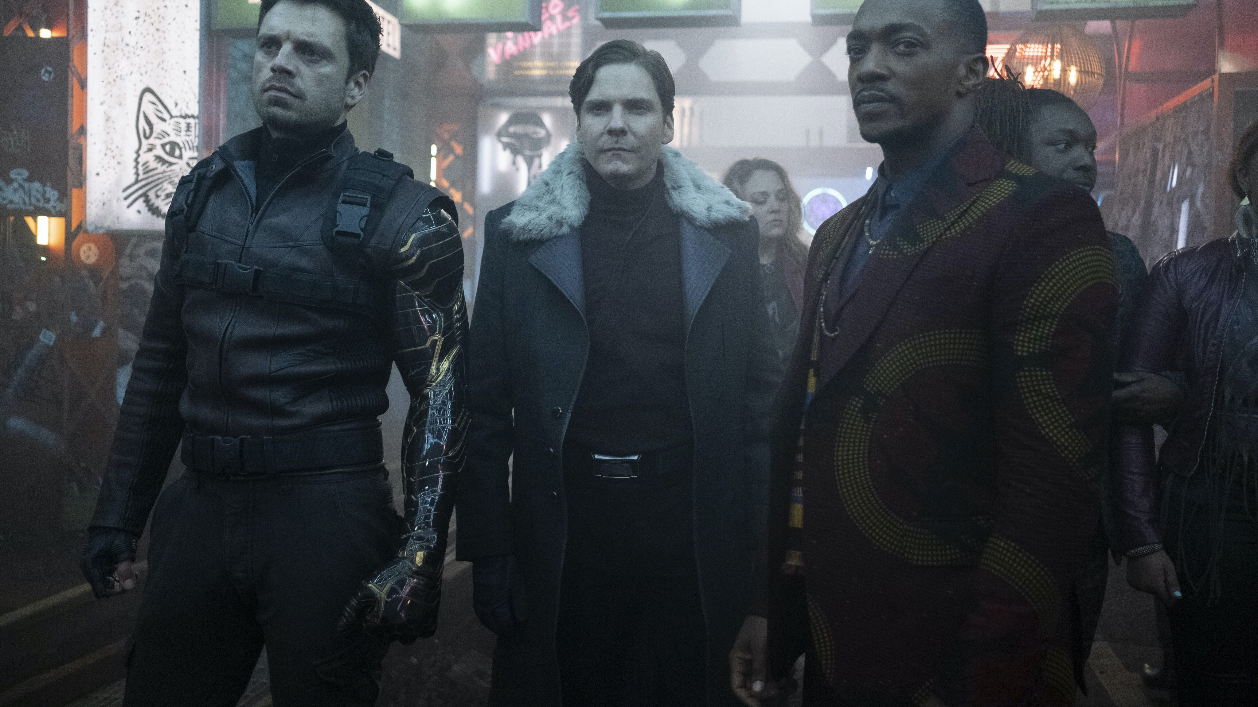 (L-R): Winter Soldier/Bucky Barnes (Sebastian Stan), Zemo (Daniel Brühl) and Falcon/Sam Wilson (Anthony Mackie) in Marvel Studios' THE FALCON AND THE WINTER SOLDIER exclusively on Disney+. Photo by Chuck Zlotnick. ©Marvel Studios 2021. All Rights Reserved.