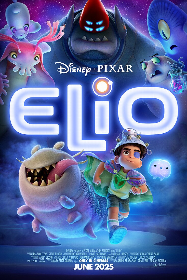 Animated image of Elio (voice of Yonas Kibreab) running alongside several creatures. | Disney•Pixar | Elio | In Cinemas 19 June | movie poster