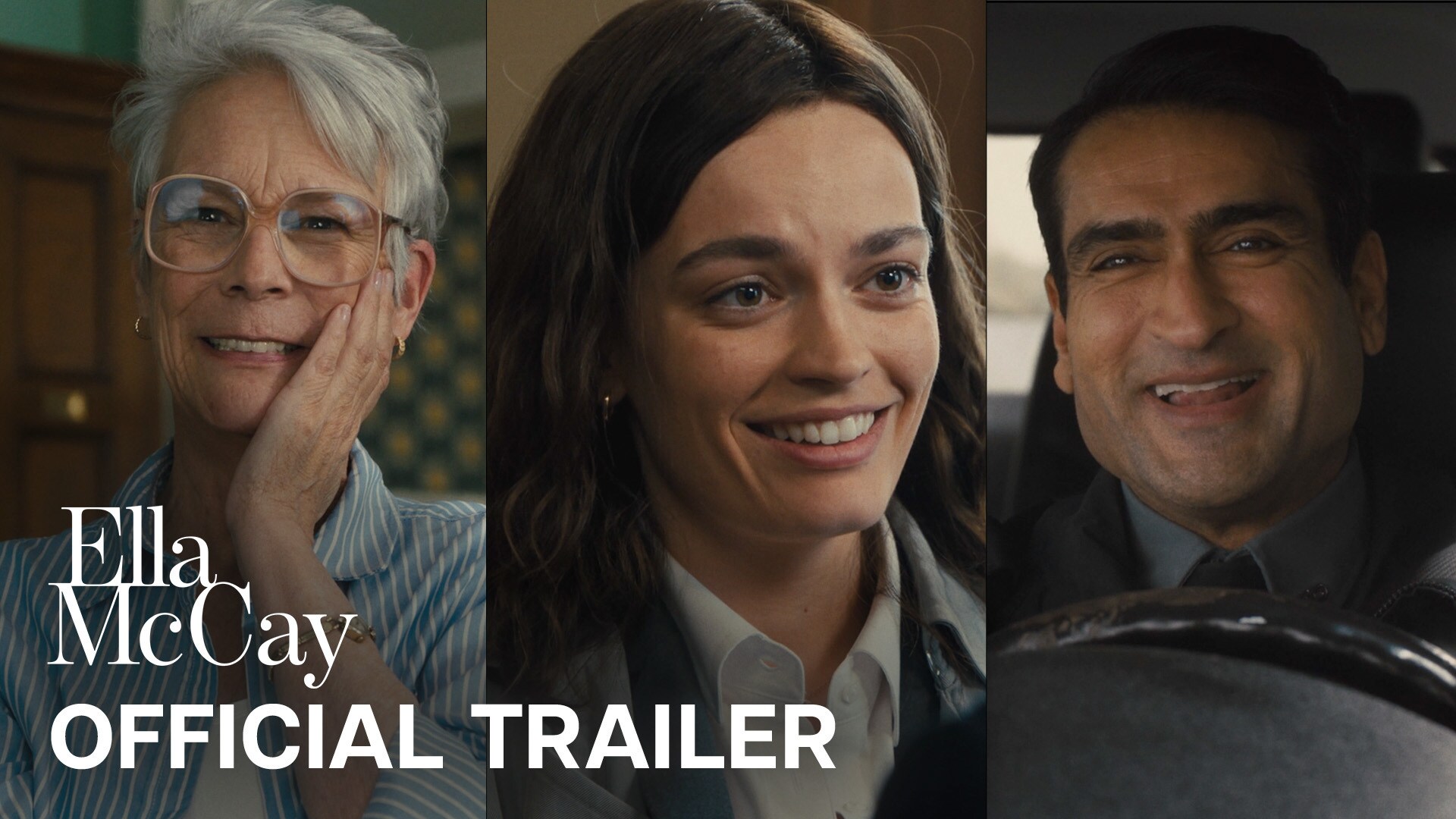 Image of Jamie Lee Curtis as Helen, Emma Mackey as Ella McCay and Kumail Nanijiani as Trooper Nash in 20th Century Studios' ELLA MCCAY. | Official trailer
