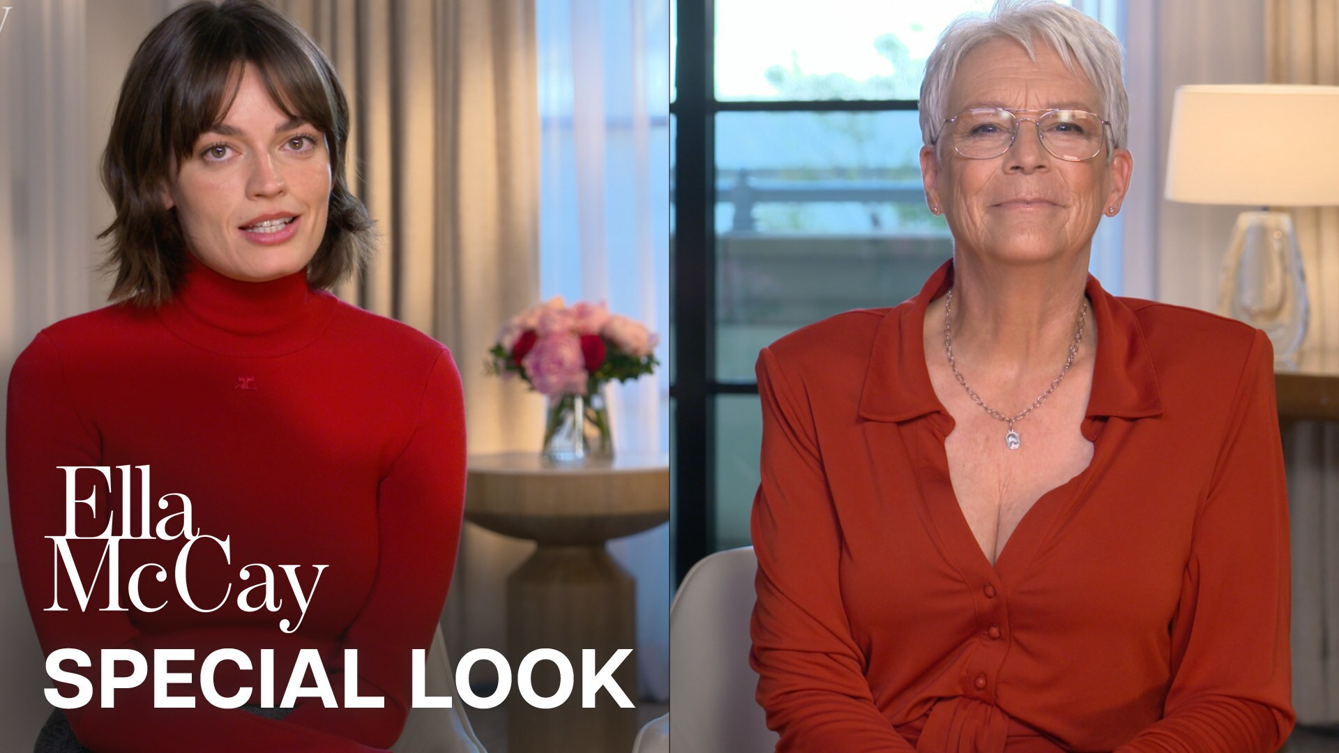 Image of actors Emma Mackey (Ella McCay) and Jamie Lee Curtis (Helen McCay) sitting together. | Ella McCay | Special Look