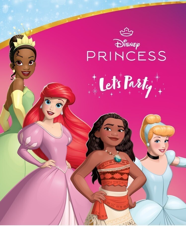 Princesses Ariel, Tiana, Cinderella and Moana standing in front of a bright pink background with the "Disney Princess Let's Party" logo in the centre.