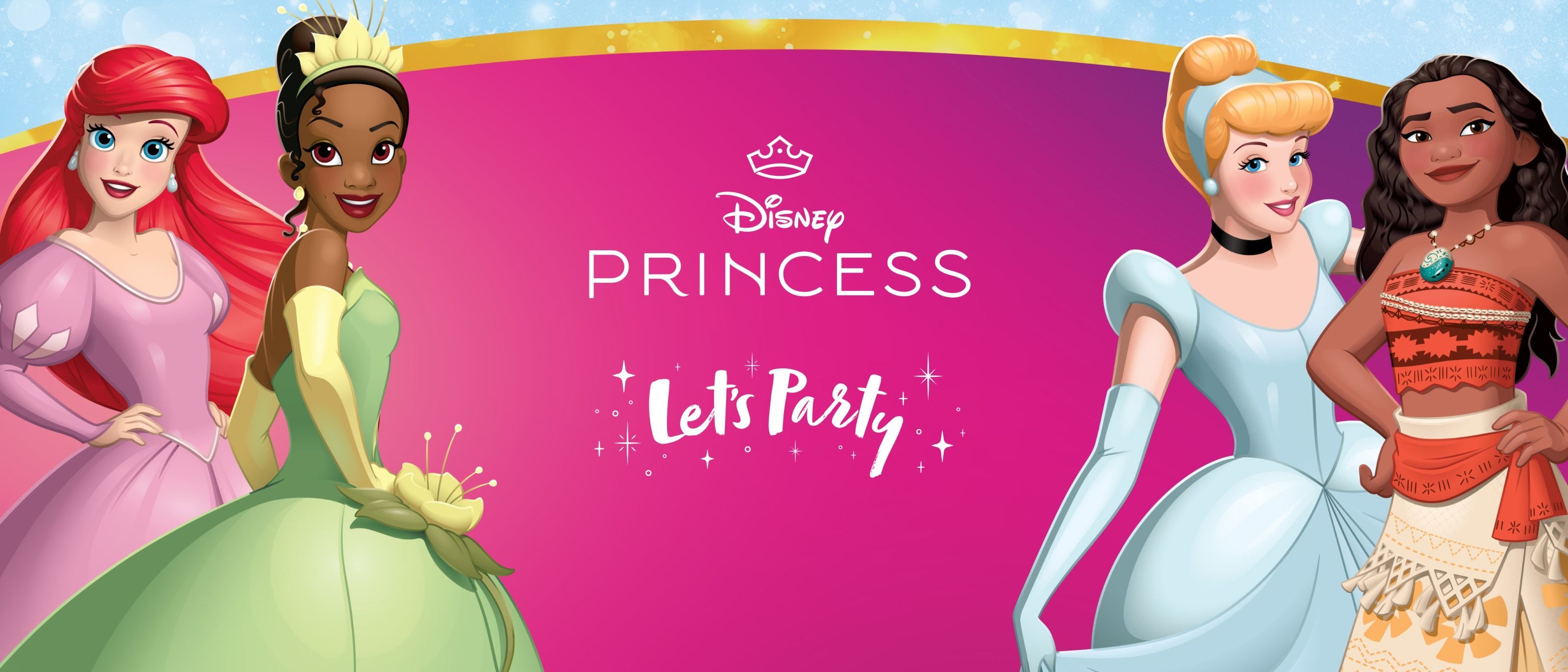 Princesses Ariel, Tiana, Cinderella and Moana standing in front of a bright pink background with the "Disney Princess Let's Party" logo in the centre.