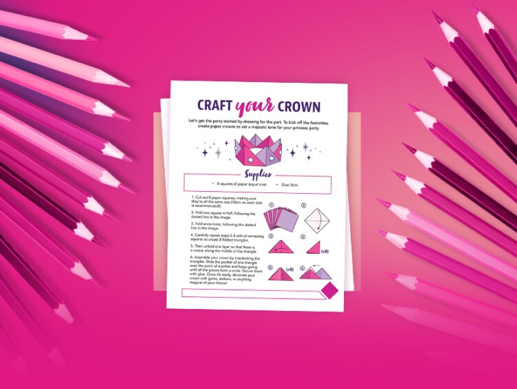 Disney Princess-themed activity sheets on a pink background, surrounded by coloured pencils.
