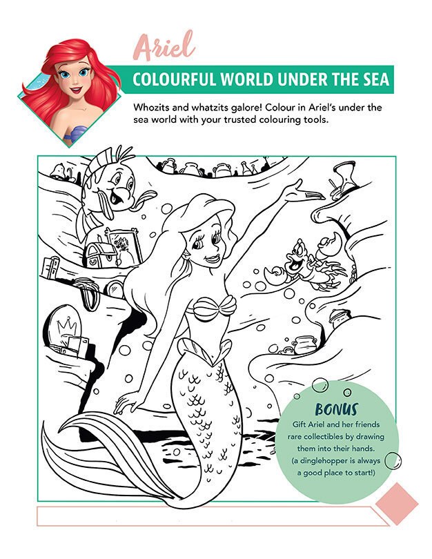 Colouring page featuring Ariel from Disney's The Little Mermaid, surrounded by sea creatures and underwater treasures.