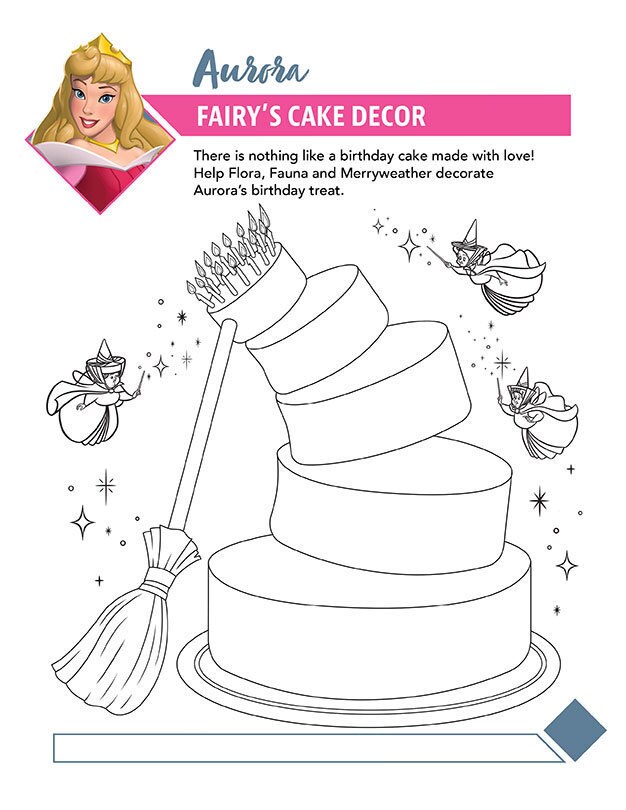 Colouring page featuring Aurora from Disney's Sleeping Beauty, with Flora, Fauna and Merryweather decorating a magical birthday cake.