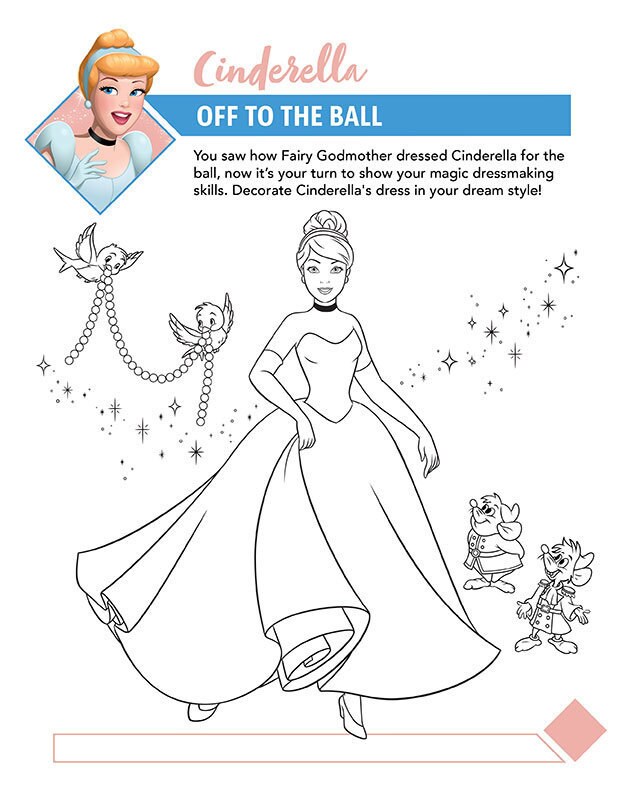 Colouring page featuring Cinderella in her ball gown, with two birds holding a string of pearls, and her mouse friends Jaq and Gus.