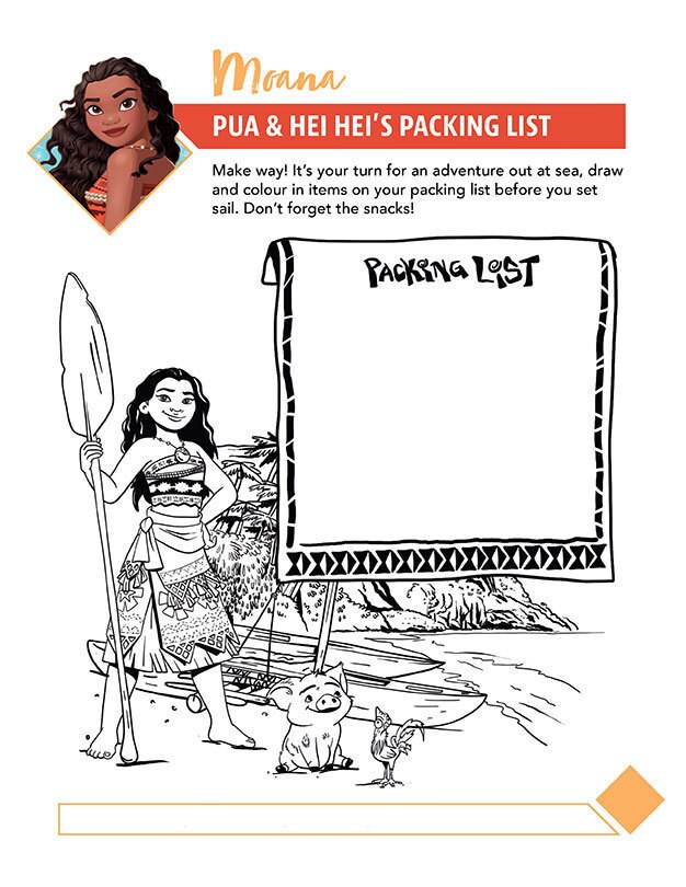 Colouring page featuring Moana from Disney's Moana, preparing for an ocean adventure with Pua and Hei Hei on the beach.