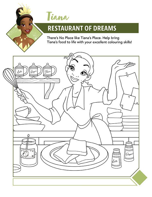 Colouring page featuring Tiana from Disney's The Princess and the Frog, cooking in her dream restaurant.