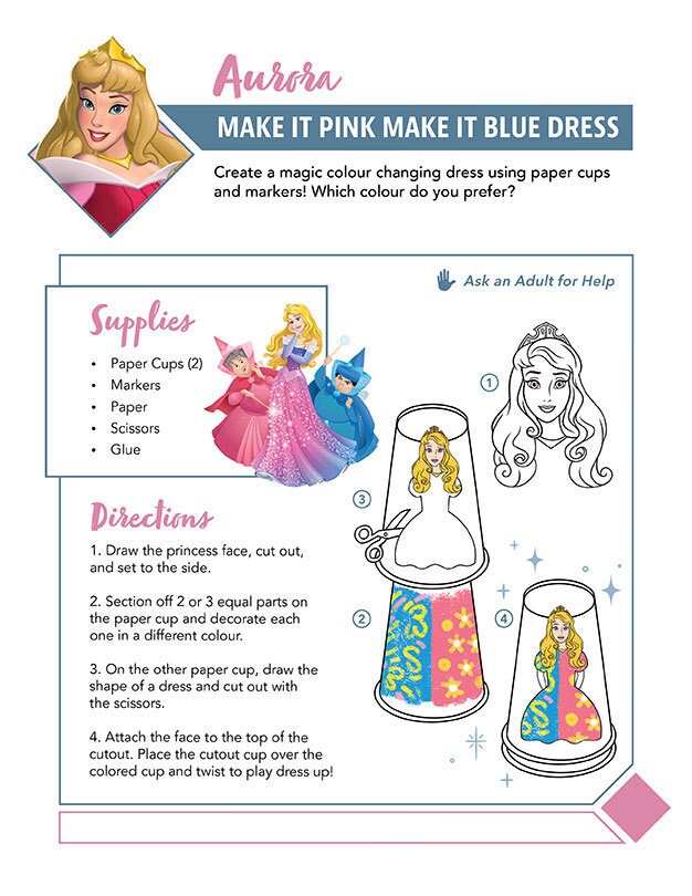 Aurora craft instructions for making a colour-changing paper dress with simple supplies.