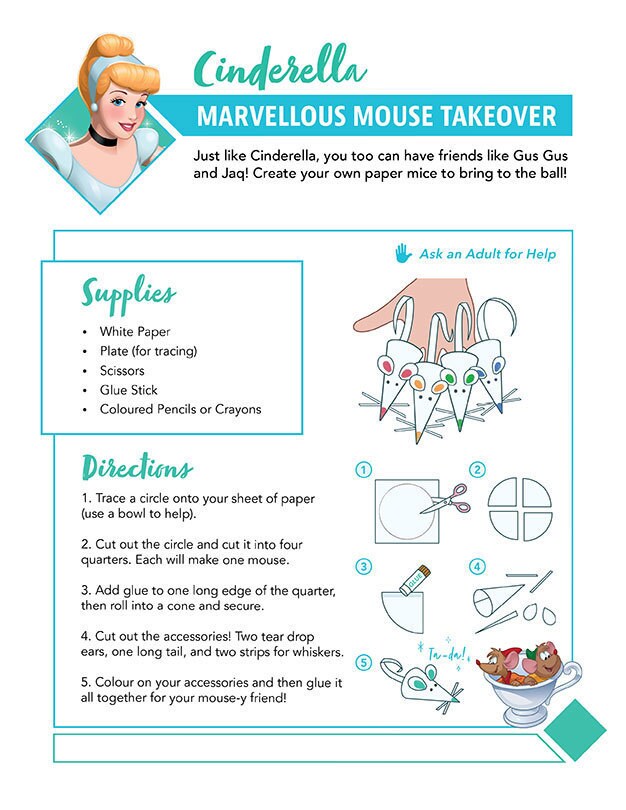 Cinderella craft instructions for making paper mice with simple supplies.