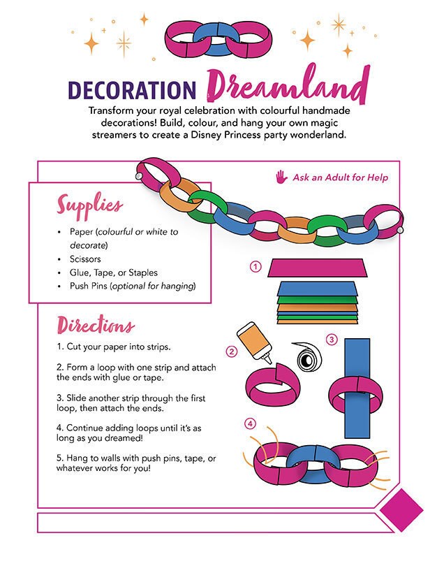 Disney Princess party decoration guide for making paper chain streamers.
