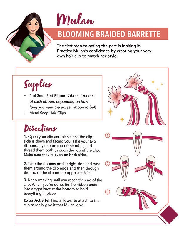 Mulan craft instructions for making a blooming braided barrette with ribbon and hair clips.