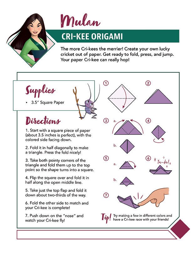 Mulan craft instructions for folding a Cri-Kee origami cricket with square paper.