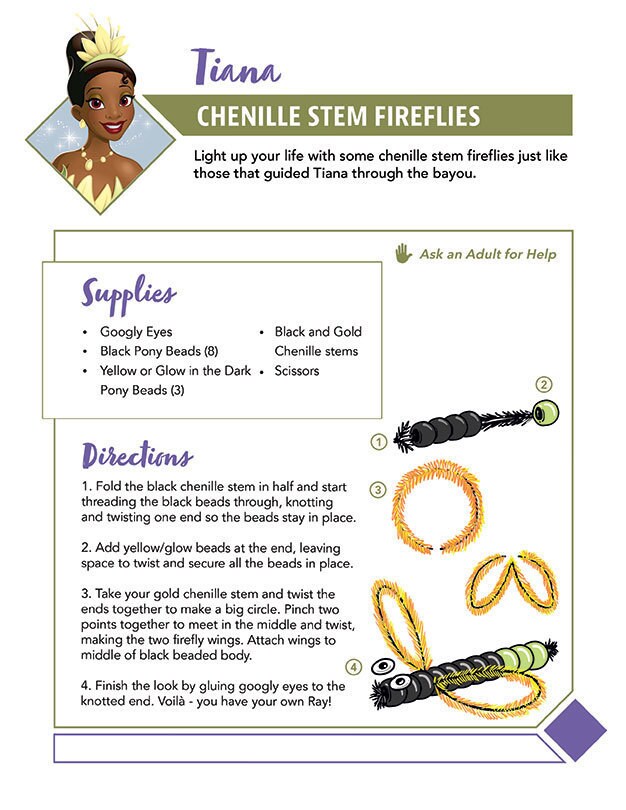 Tiana craft instructions for making chenille stem fireflies with beads.