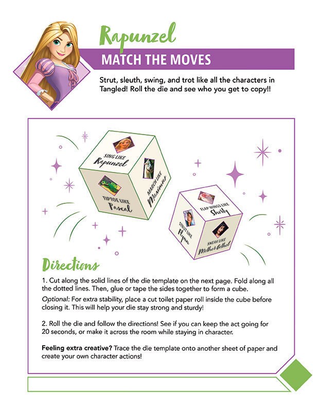 Rapunzel dice game with Tangled character prompts.