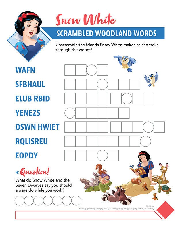 Snow White party game with a word scramble challenge.