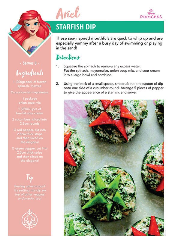 A recipe card titled 'Starfish Cucumber Dip' inspired by Ariel from Disney's The Little Mermaid with starfish-shaped veggie snacks.