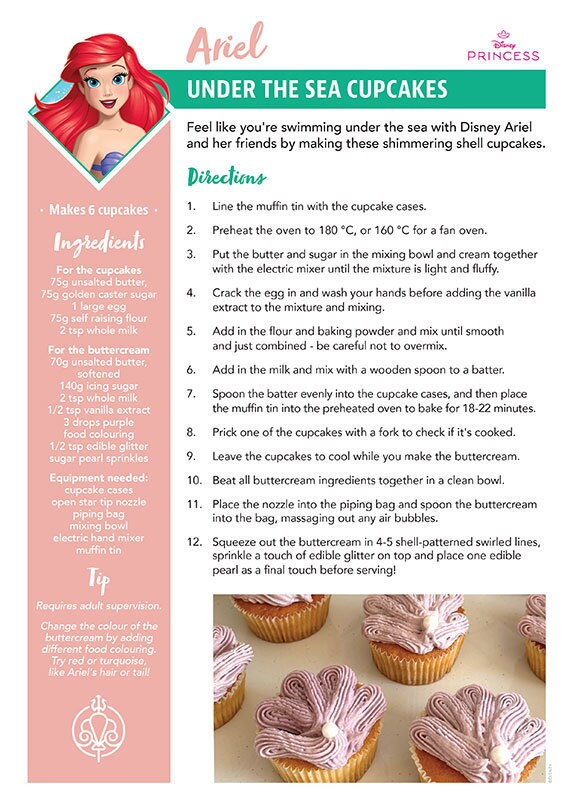 A recipe card titled 'Under the Sea Cupcakes' inspired by Ariel from Disney's The Little Mermaid with shimmering shell cupcakes.