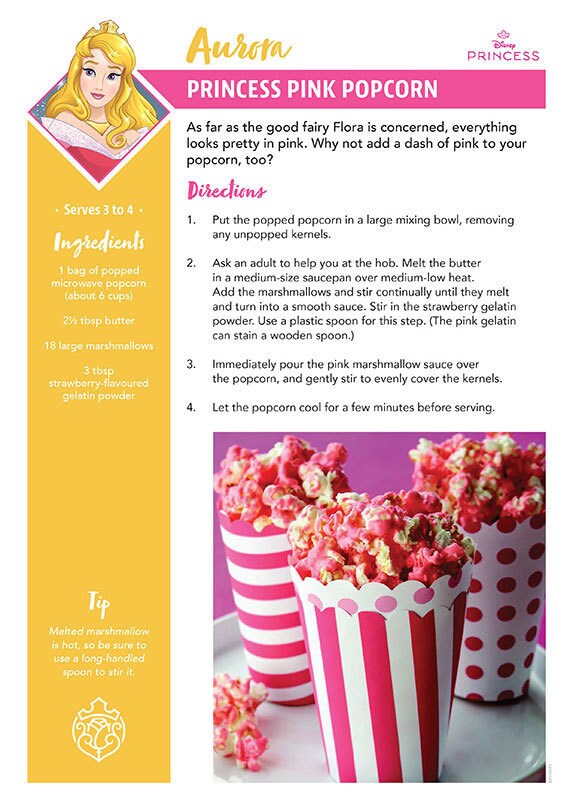 A recipe card titled 'Princess Pink Popcorn' inspired by Aurora from Disney's Sleeping Beauty with strawberry-flavored popcorn.