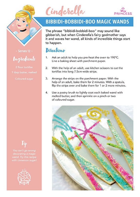 A recipe card titled 'Magic Wands' inspired by Cinderella from Disney's Cinderella with sweet tortilla stick snacks.