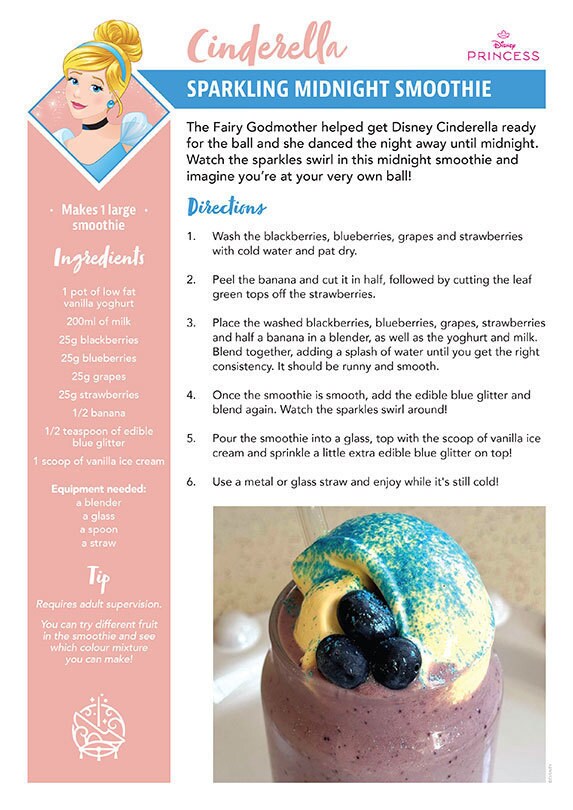 A recipe card titled 'Sparkling Midnight Smoothie' inspired by Cinderella from Disney's Cinderella.