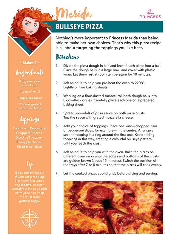 A recipe card titled 'Bullseye Pizza' inspired by Merida from Disney's Brave with pizzas decorated in target-style toppings.