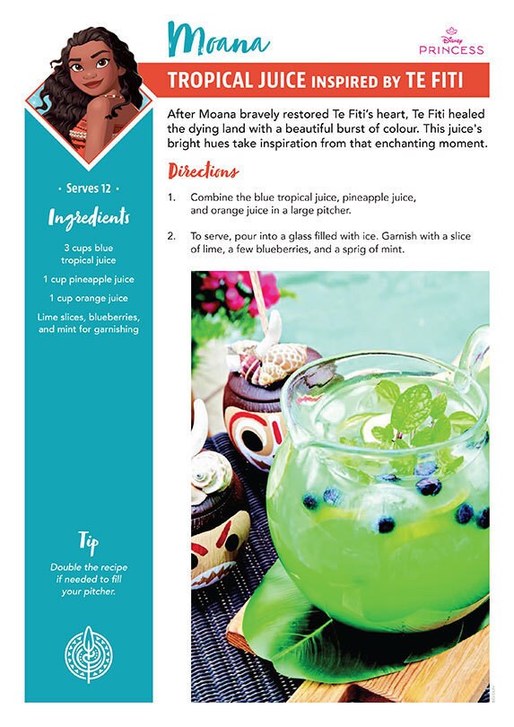 A recipe card titled 'Tropical Te Fiti Juice' inspired by Moana from Disney's Moana with a colourful tropical drink.