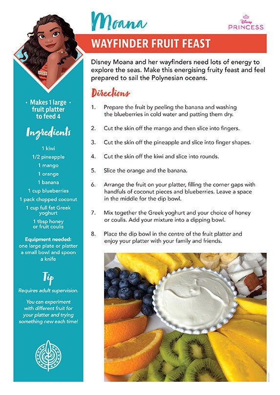 A recipe card titled 'Wayfinder Fruit Feast' inspired by Moana from Disney's Moana with a fruit platter.