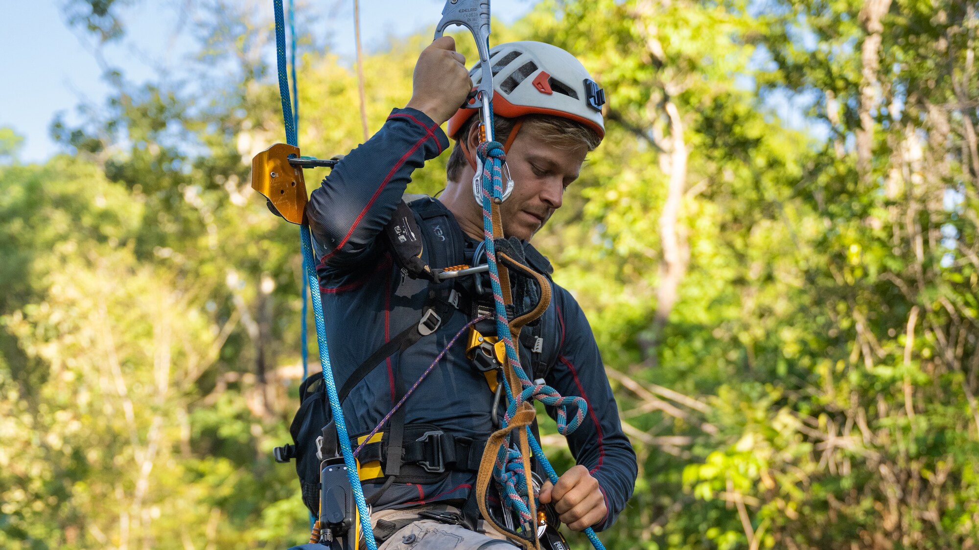 Bertie Gregory preparing to ascend into Kasanka's tallest tree. (Credit: National Geographic/Oliver Laker for Disney+)