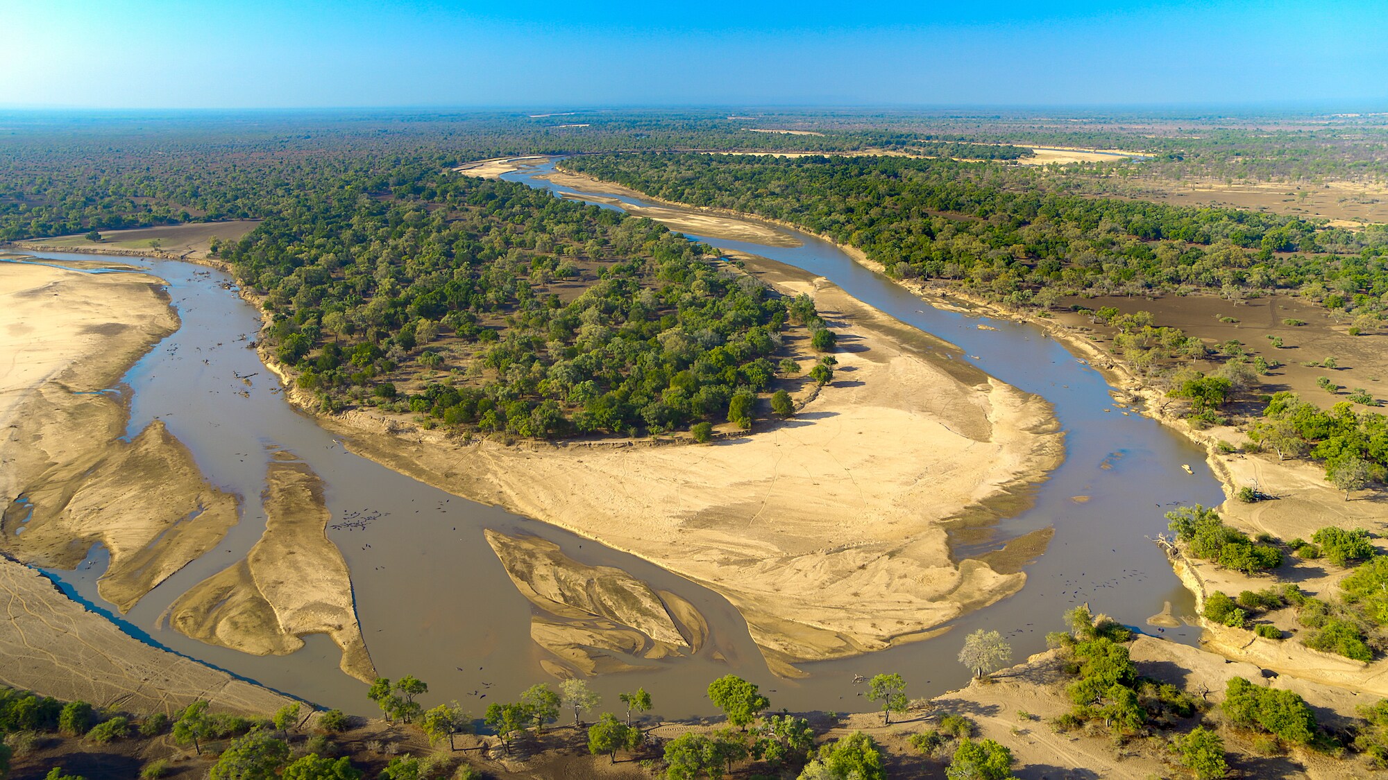 The Luangwa River flowing through the National Park in Zambia. (Credit: National Geographic/Bertie Gregory for Disney+)