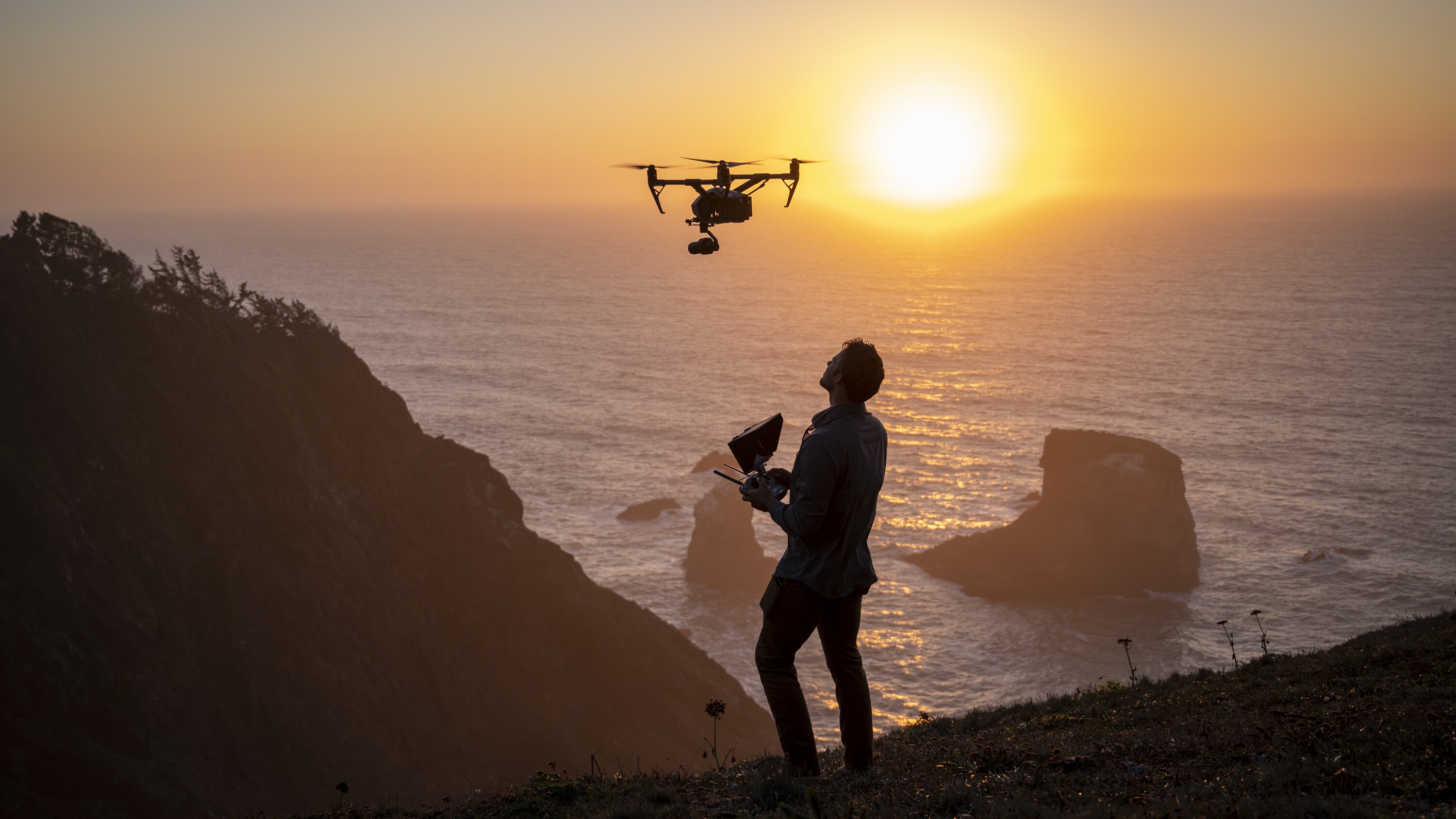 Drone pilot Jeff Hester captures the golden light along the rugged coastline that salmon have to navigate before facing hoards of sea lions at the river mouth. (National Geographic for Disney+/Taylor Gray)