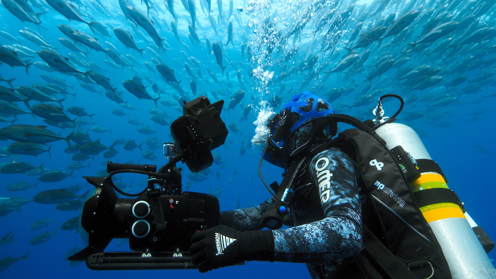 Bertie Gregory filming the rich waters around Cocos island. (Credit: National Geographic/Mark Sharman for Disney+)