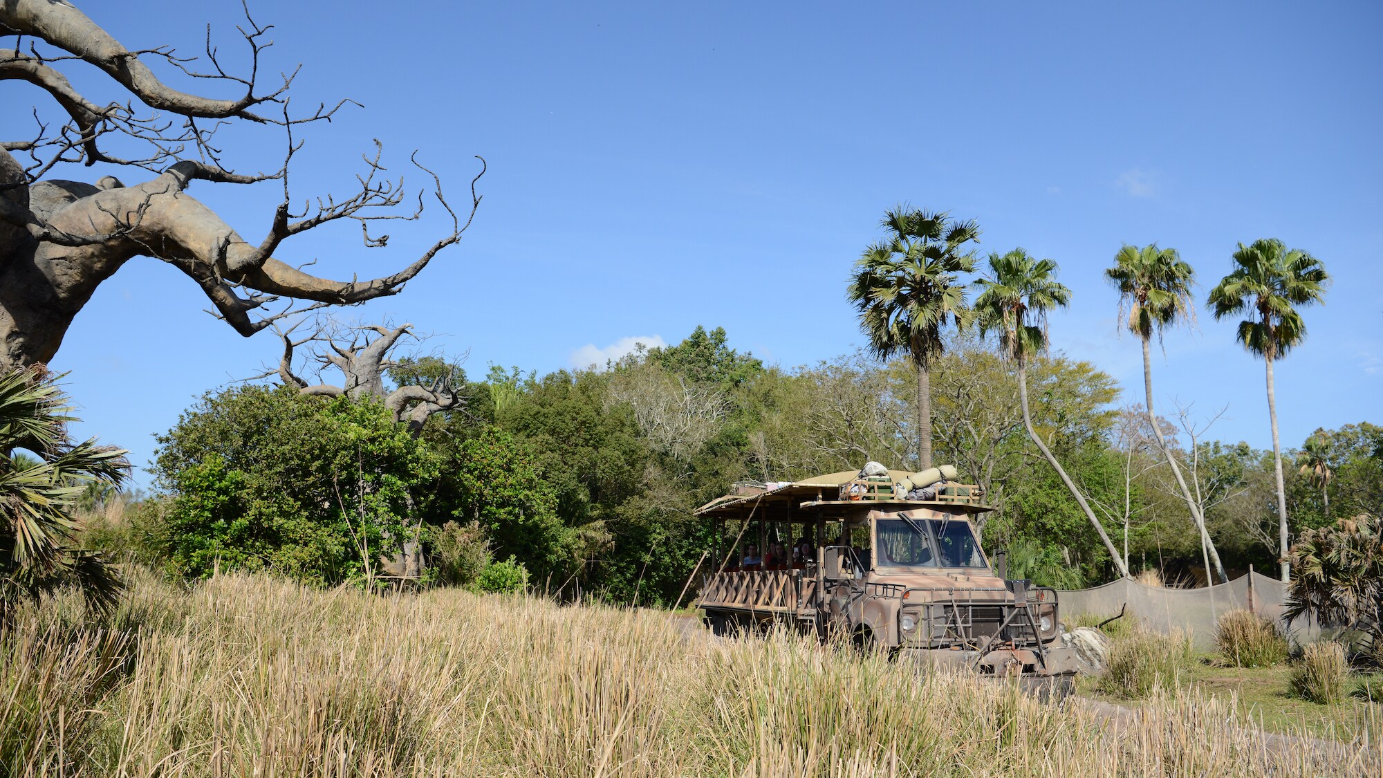 Kilimanjaro Safaris vehicle taking guests on a guided tour of the Harambe Wildlife Reserve. (National Geographic/Gene Page)