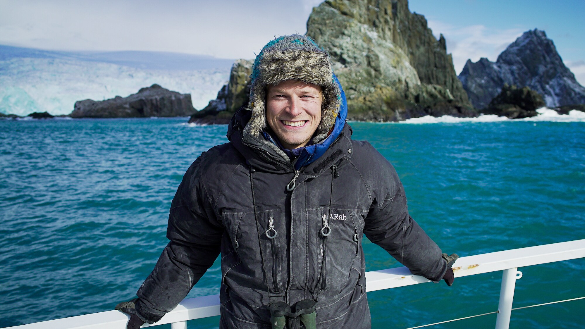 Bertie Gregory on his way to film a gathering of fin whales off Elephant Island, Antarctica. (Credit: National Geographic/Will West for Disney+)
