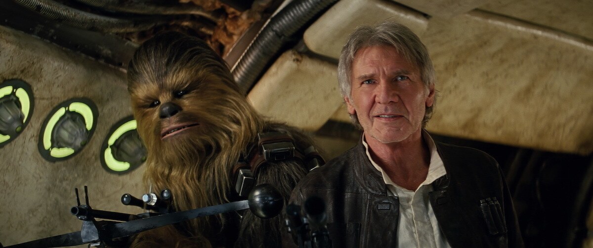 Chewbacca and Han Solo reclaiming the Millennium Falcon