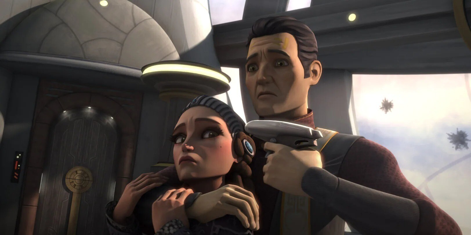 Clovis holding a gun to Padme's head in The Clone Wars