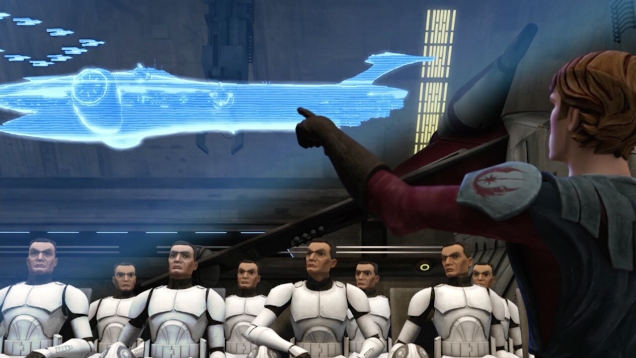 Within the Jedi cruiser Resolute, Anakin Skywalker and Admiral Yularen brief the assembled clone ...