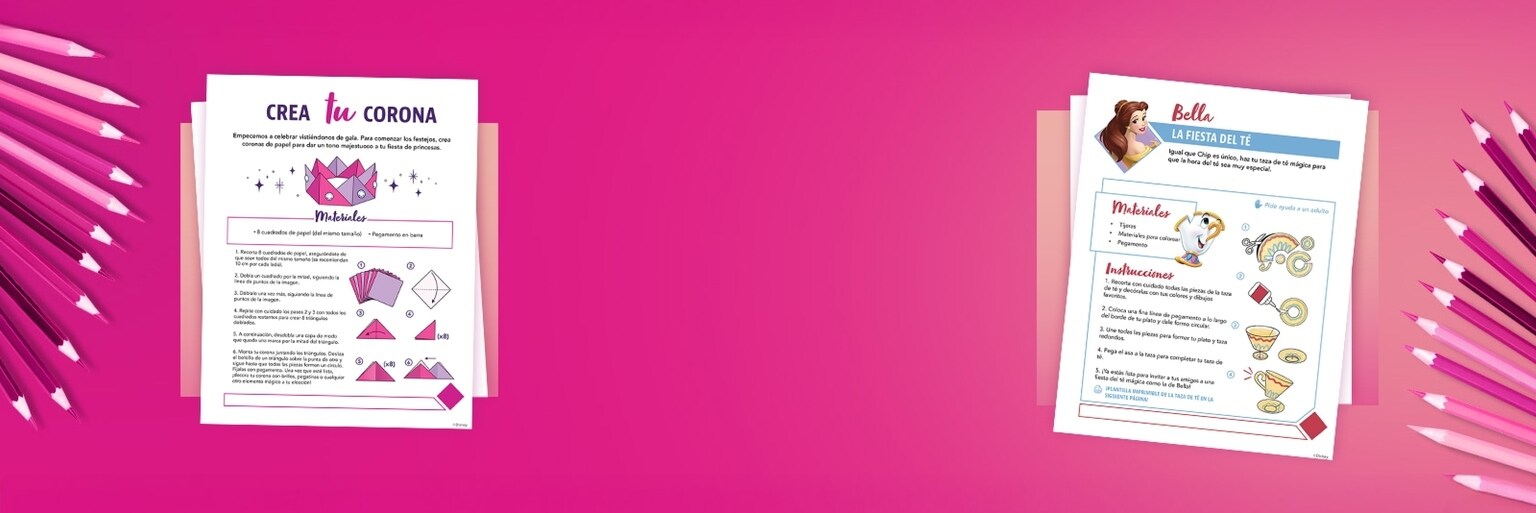 Hojas de actividades con temática de princesas Disney sobre un fondo rosa, rodeadas de lápices de colores.