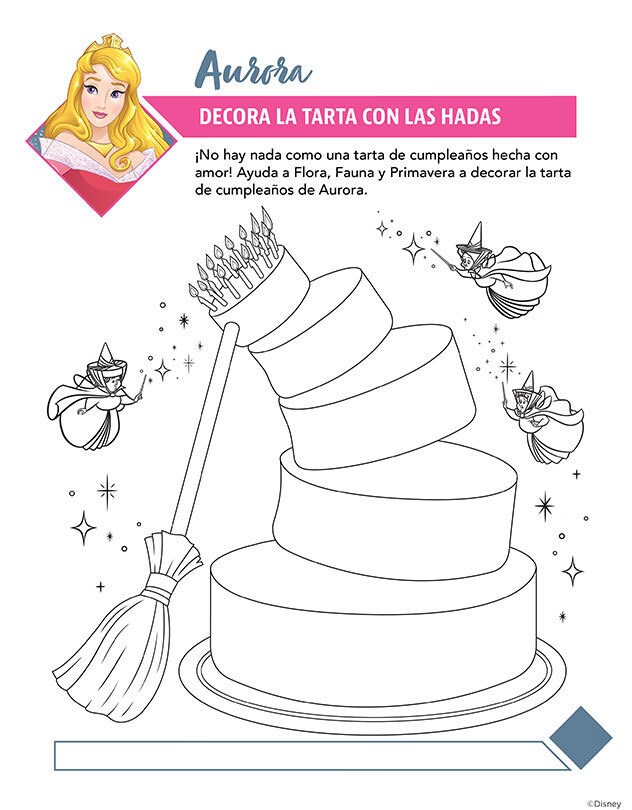 Página para colorear con Aurora (La Bella Durmiente) mientras Flora, Fauna y Primavera decoran un pastel de cumpleaños mágico.