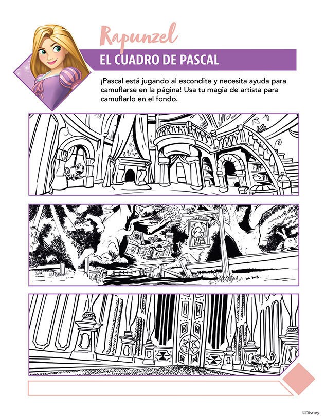 Página para colorear con Rapunzel (Enredados) y Pascal jugando al escondite en un fondo divertido.
