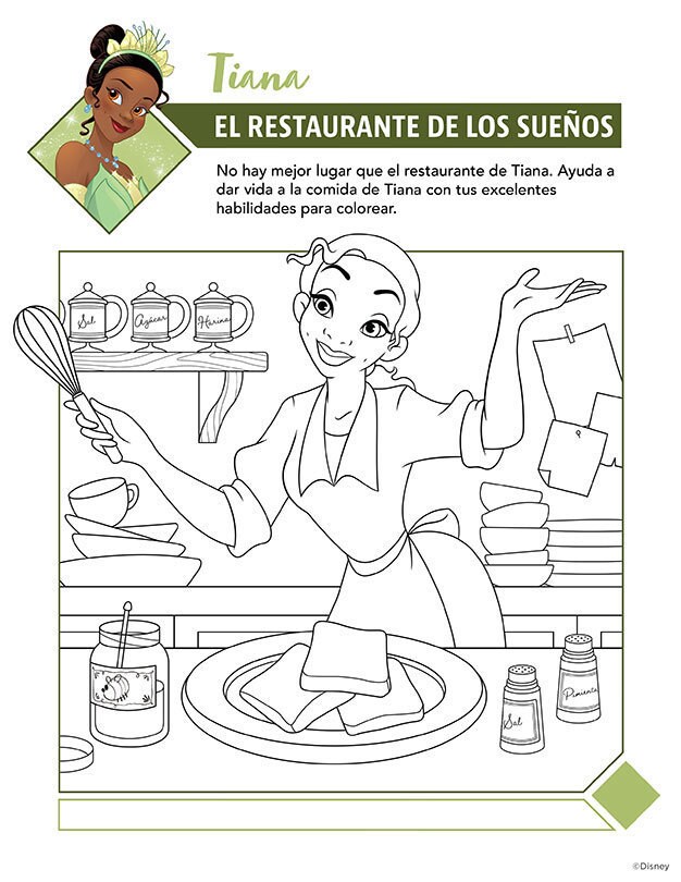 Página para colorear con Tiana (La Princesa y el Sapo) cocinando en el restaurante de sus sueños.