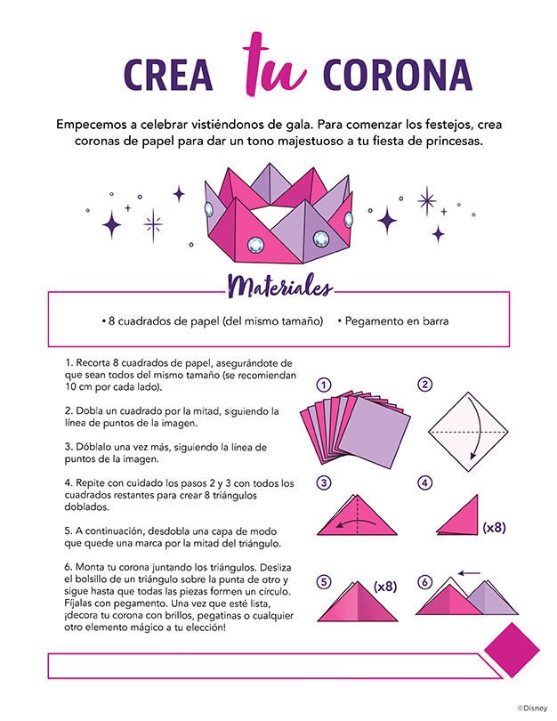 Instrucciones para hacer una corona de papel con cuadrados de papel y pegamento.