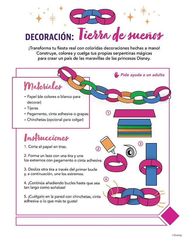 Guía para crear guirnaldas de papel para la fiesta de princesas.