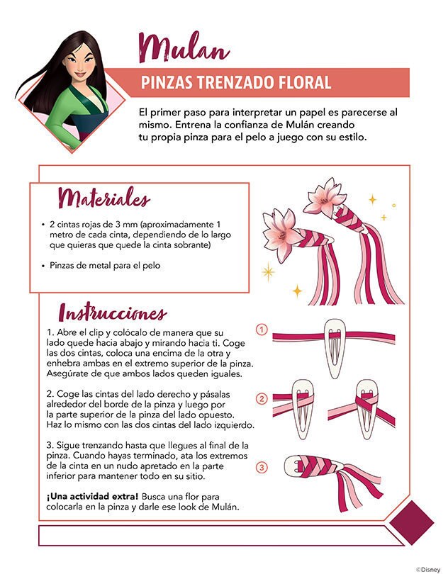 Instrucciones para hacer una horquilla trenzada con cintas y pinzas.