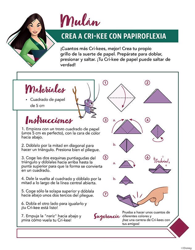Instrucciones para hacer un grillo Cri-Kee en origami con papel cuadrado.