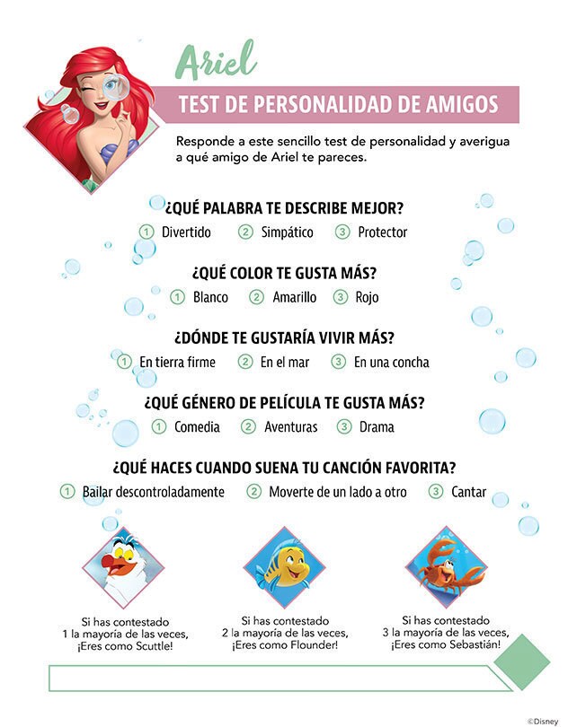 Juego de fiesta de Ariel con cuestionario sobre los personajes de La Sirenita.