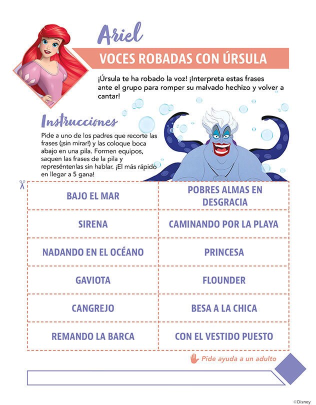 Juego de fiesta de Ariel con frases inspiradas en Úrsula.